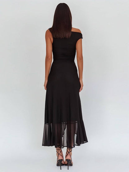 Cocolii robe longue moulante tulle une épaule fendu le côté à volantée sans manches femme élégant de soirée bal de promo