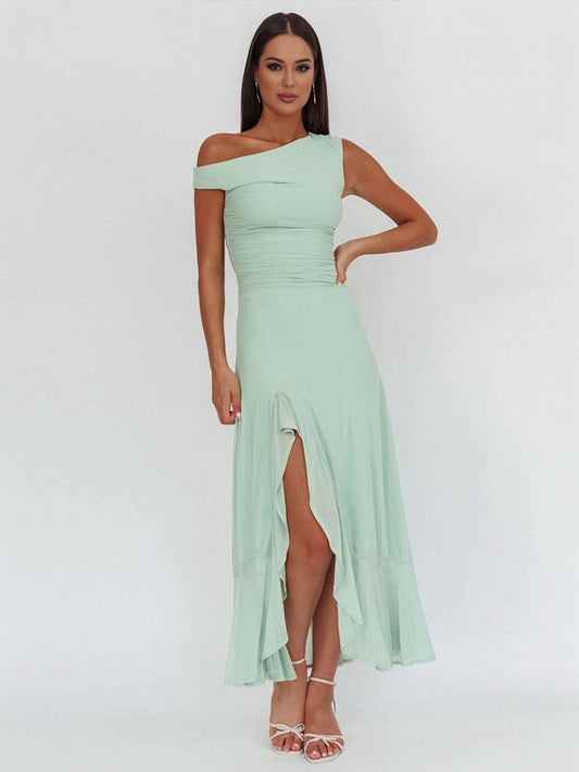 Cocolii robe longue moulante tulle une épaule fendu le côté à volantée sans manches femme élégant de soirée bal de promo