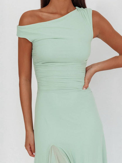 Cocolii robe longue moulante tulle une épaule fendu le côté à volantée sans manches femme élégant de soirée bal de promo