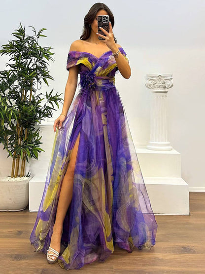Cocolii splendide longue robe en tulle imprimé à fleurie col bateau fendu le côté sans manches femme élégant vintage de soirée