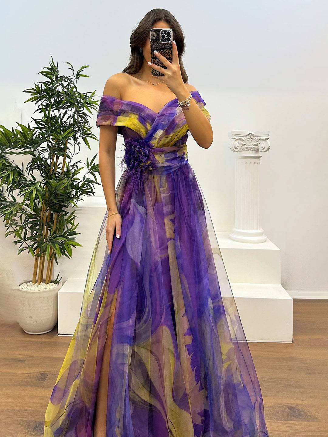 Cocolii splendide longue robe en tulle imprimé à fleurie col bateau fendu le côté sans manches femme élégant vintage de soirée