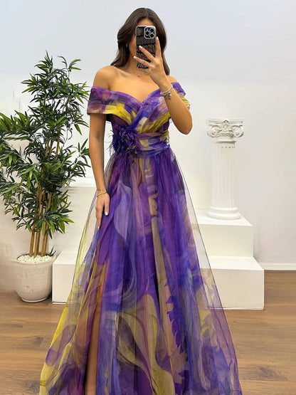 Cocolii splendide longue robe en tulle imprimé à fleurie col bateau fendu le côté sans manches femme élégant vintage de soirée