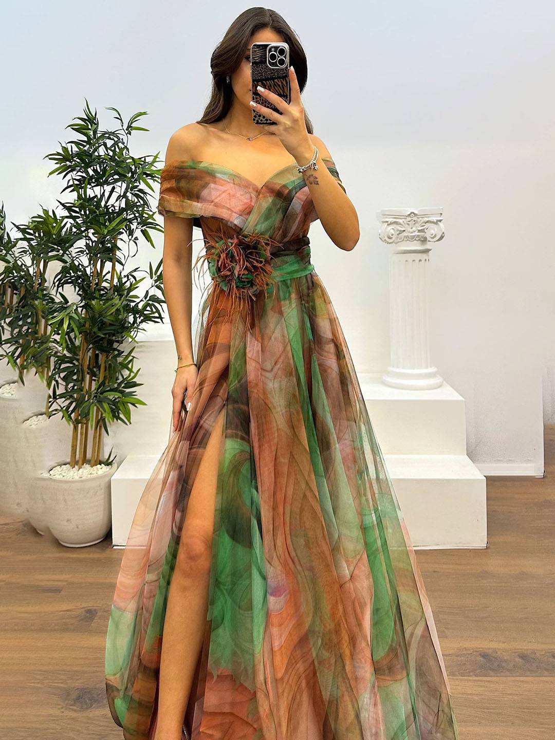Cocolii splendide longue robe en tulle imprimé à fleurie col bateau fendu le côté sans manches femme élégant vintage de soirée