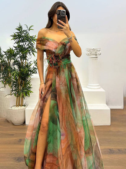 Cocolii splendide longue robe en tulle imprimé à fleurie col bateau fendu le côté sans manches femme élégant vintage de soirée