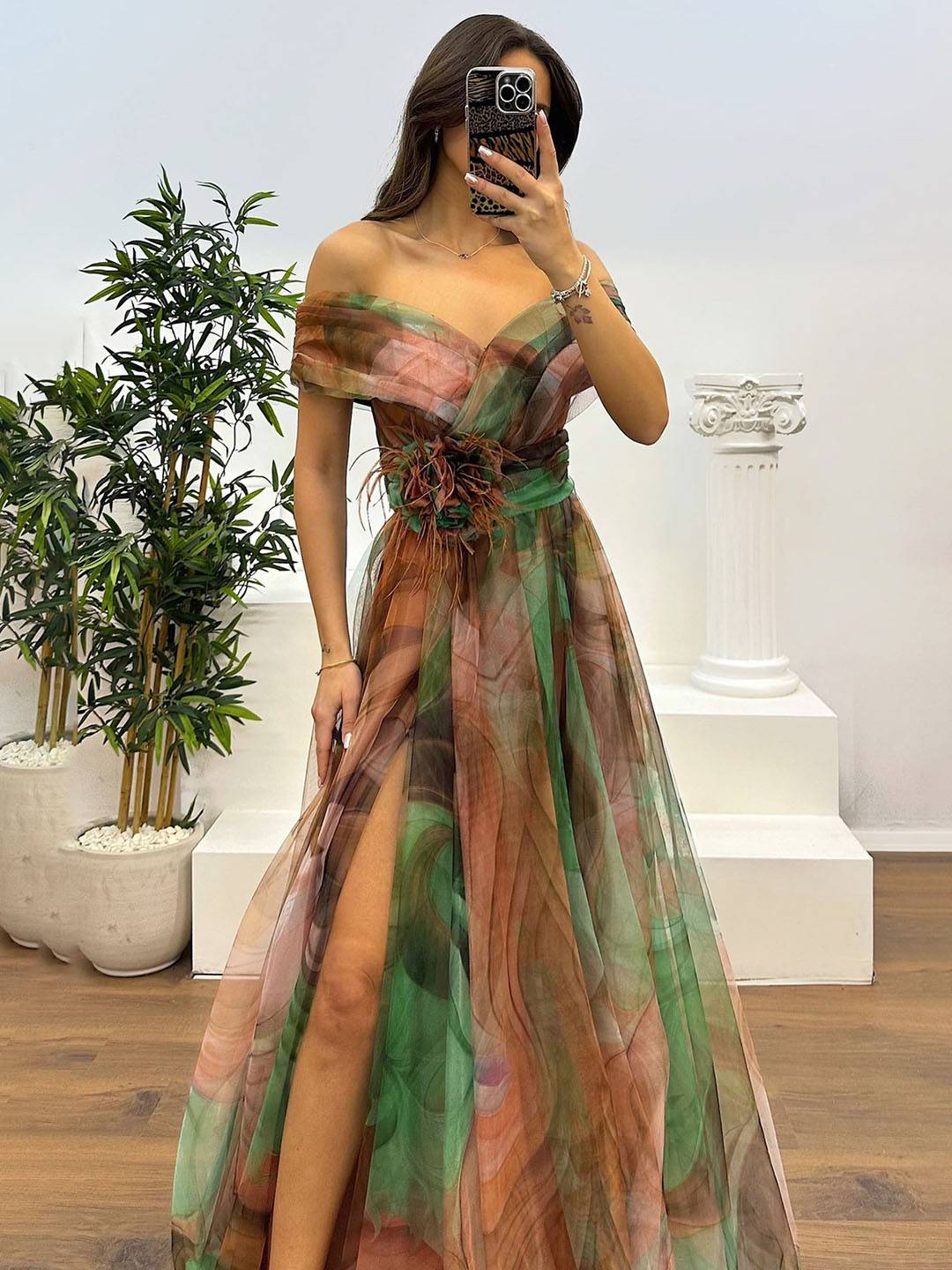 Cocolii splendide longue robe en tulle imprimé à fleurie col bateau fendu le côté sans manches femme élégant vintage de soirée