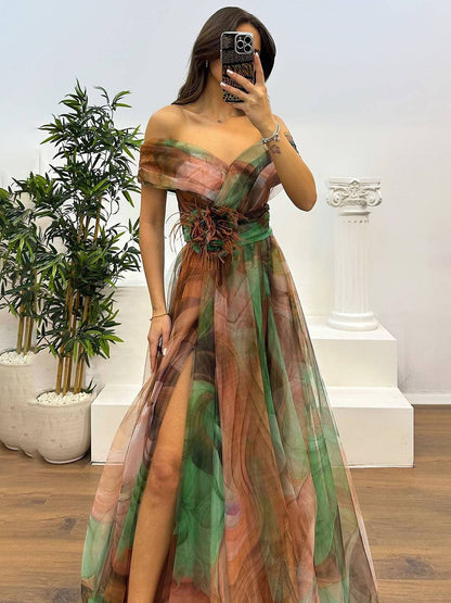Cocolii splendide longue robe en tulle imprimé à fleurie col bateau fendu le côté sans manches femme élégant vintage de soirée