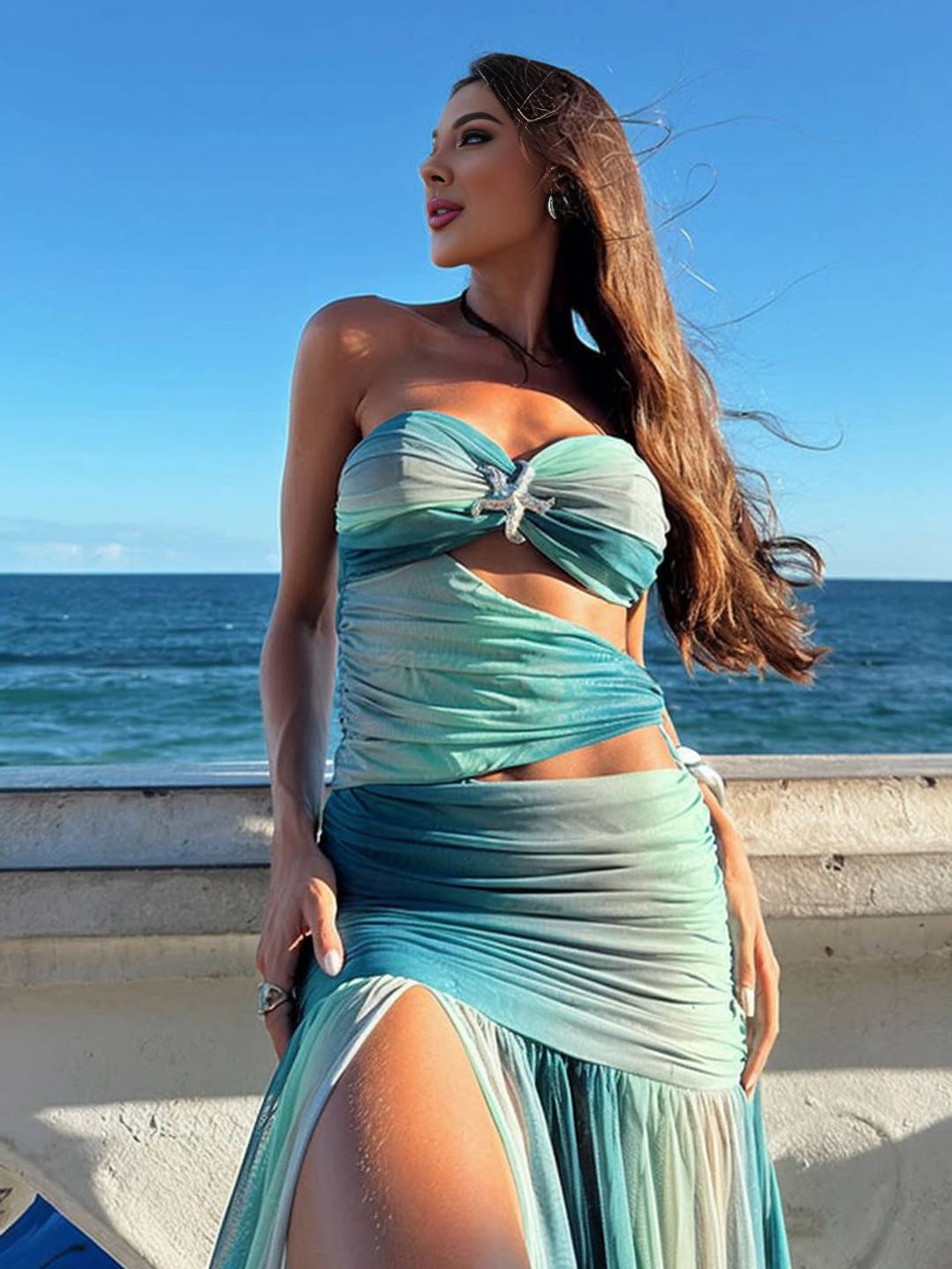 Cocolii longue robe couleur dégradé découpes fendu bustier dos nu sans manches bohème décontracté tenu de plage vert d'eau