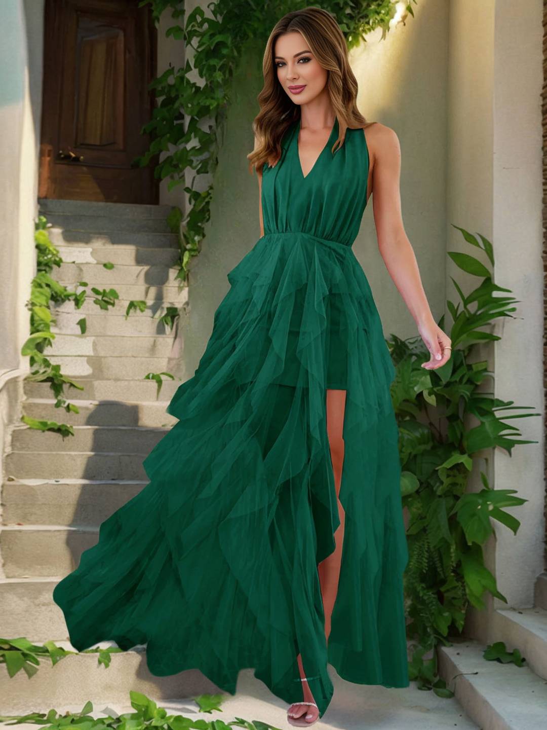 Cocolii robe longue v-cou irrégulière tulle fendu le côté sans manches femme doux élégant anniversaire cérémonie