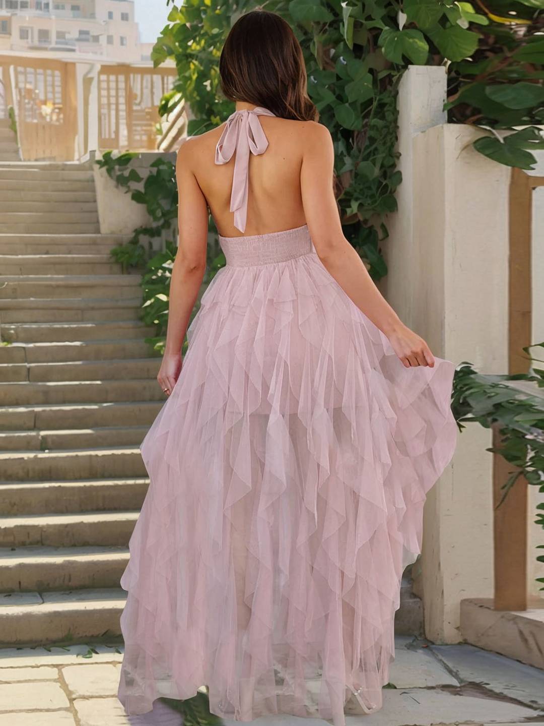Cocolii robe longue v-cou irrégulière tulle fendu le côté sans manches femme doux élégant anniversaire cérémonie