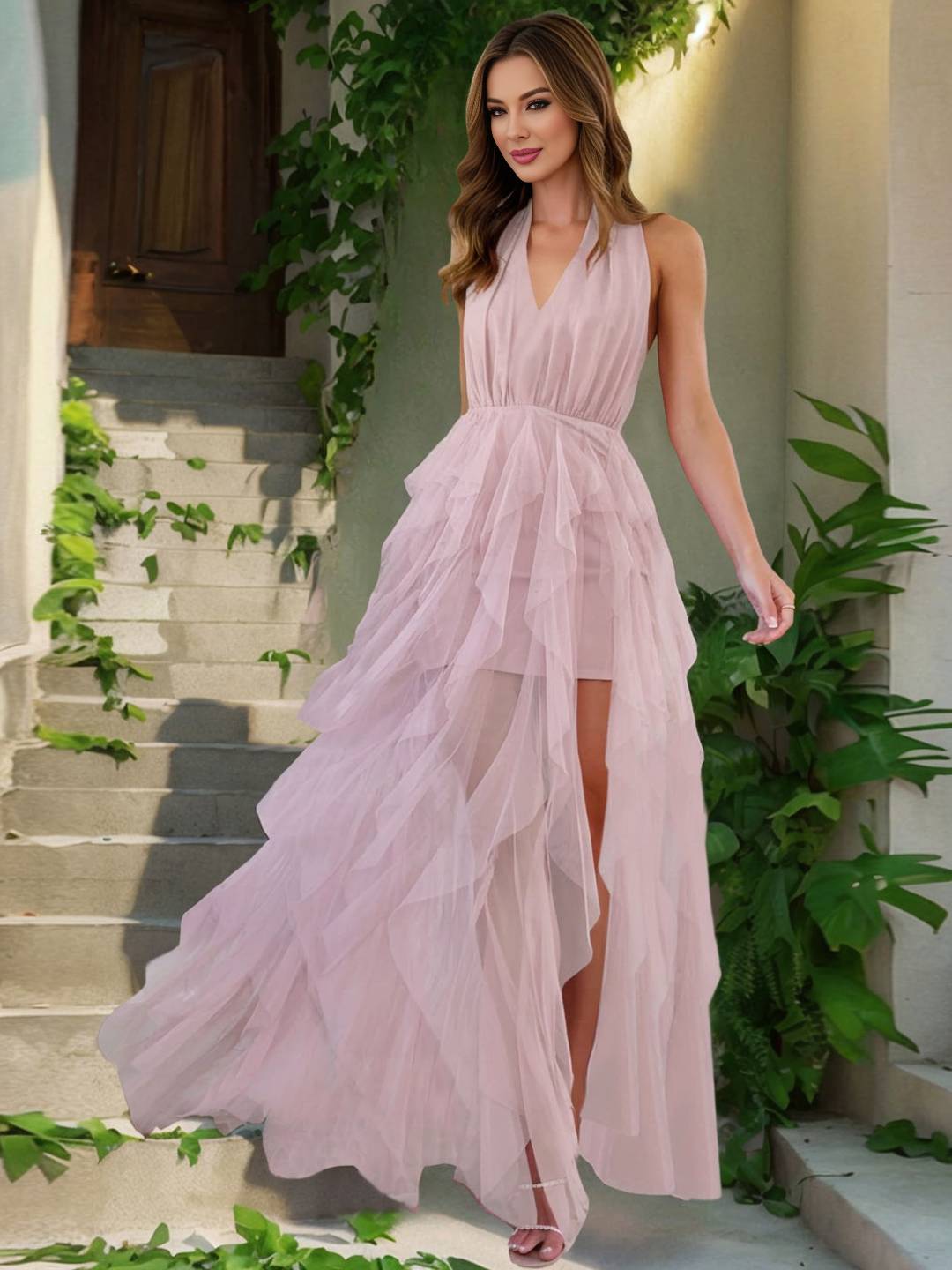 Cocolii robe longue v-cou irrégulière tulle fendu le côté sans manches femme doux élégant anniversaire cérémonie