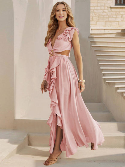 Cocolii robe longue v-cou découpes fendu le côté à volantée nœud dos nu sans manches femme bohème décontracté de plage