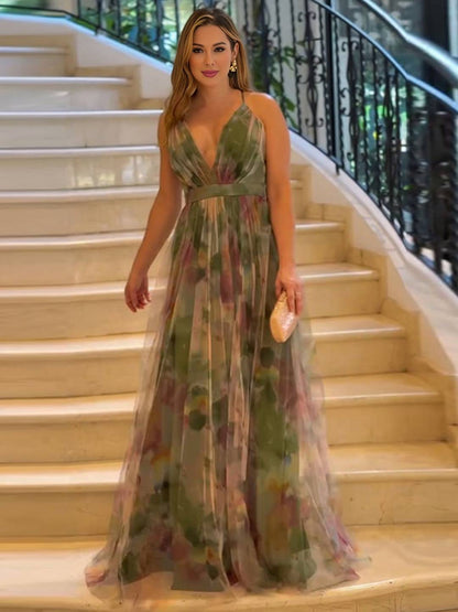 Cocolii robe longue imprimé à fleurie tulle v-cou sans manches dos nu femme élégant bohème bal de promo de plage