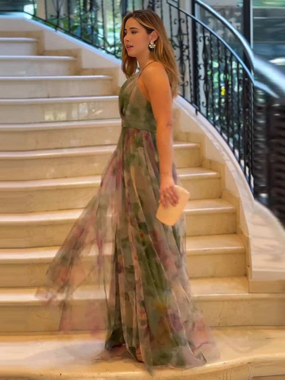 Cocolii robe longue imprimé à fleurie tulle v-cou sans manches dos nu femme élégant bohème bal de promo de plage