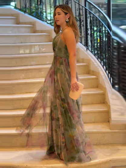 Cocolii robe longue imprimé à fleurie tulle v-cou sans manches dos nu femme élégant bohème bal de promo de plage