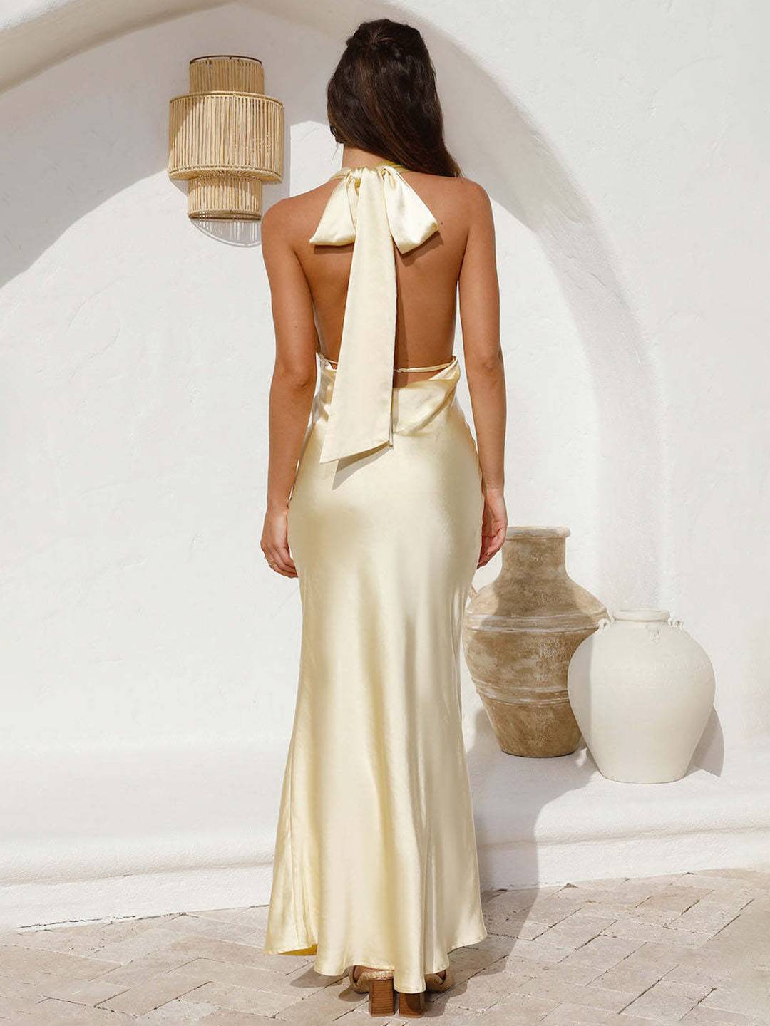 Cocolii robe longue en satin v-cou licou dos nu sans manches femme élégant décontracté de soirée pour mariage cérémonie