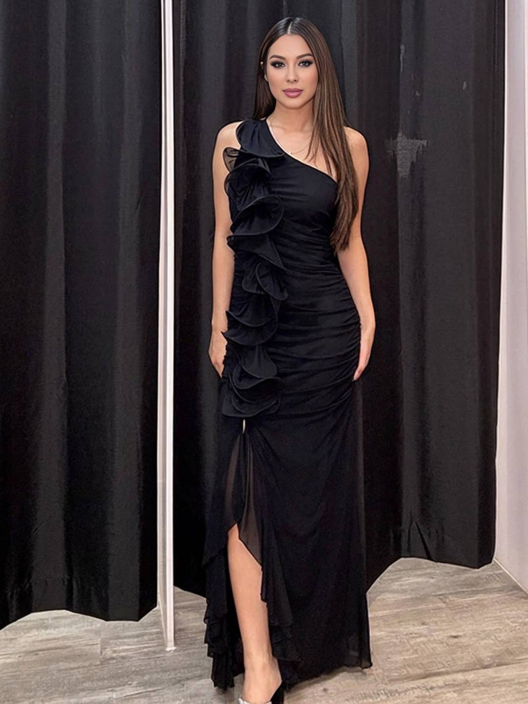 Cocolii robe longue mousseline moulante irrégulière tulle fendu fluide dos nu une épaule sans manches femme décontracté de plage