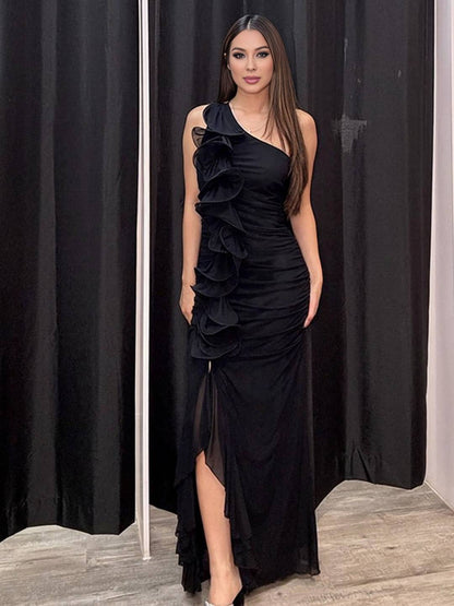 Cocolii robe longue mousseline moulante irrégulière tulle fendu fluide dos nu une épaule sans manches femme décontracté de plage