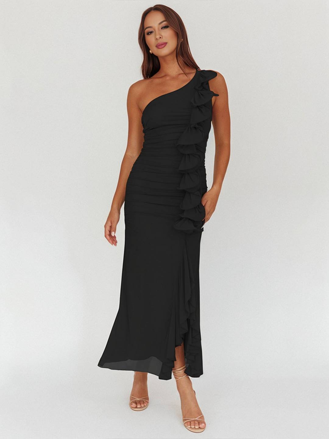 Cocolii robe longue mousseline moulante irrégulière tulle fendu fluide dos nu une épaule sans manches femme décontracté de plage