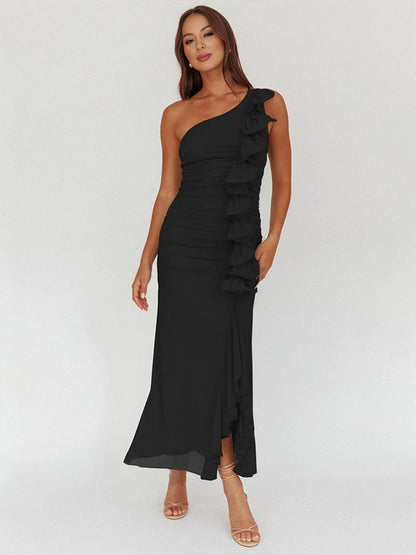 Cocolii robe longue mousseline moulante irrégulière tulle fendu fluide dos nu une épaule sans manches femme décontracté de plage