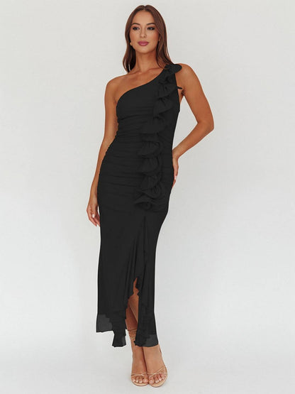 Cocolii robe longue mousseline moulante irrégulière tulle fendu fluide dos nu une épaule sans manches femme décontracté de plage