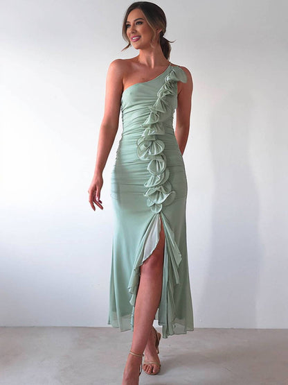 Cocolii robe longue mousseline moulante irrégulière tulle fendu fluide dos nu une épaule sans manches femme décontracté de plage