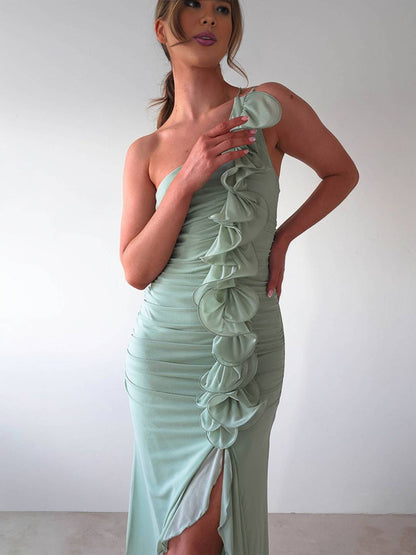 Cocolii robe longue mousseline moulante irrégulière tulle fendu fluide dos nu une épaule sans manches femme décontracté de plage