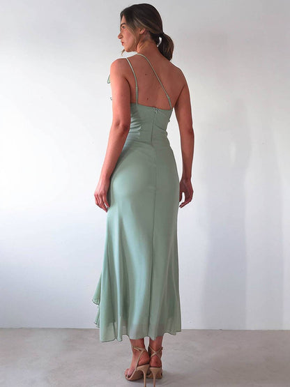 Cocolii robe longue mousseline moulante irrégulière tulle fendu fluide dos nu une épaule sans manches femme décontracté de plage