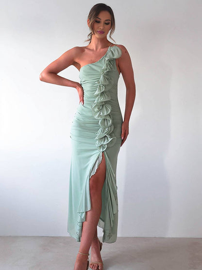 Cocolii robe longue mousseline moulante irrégulière tulle fendu fluide dos nu une épaule sans manches femme décontracté de plage