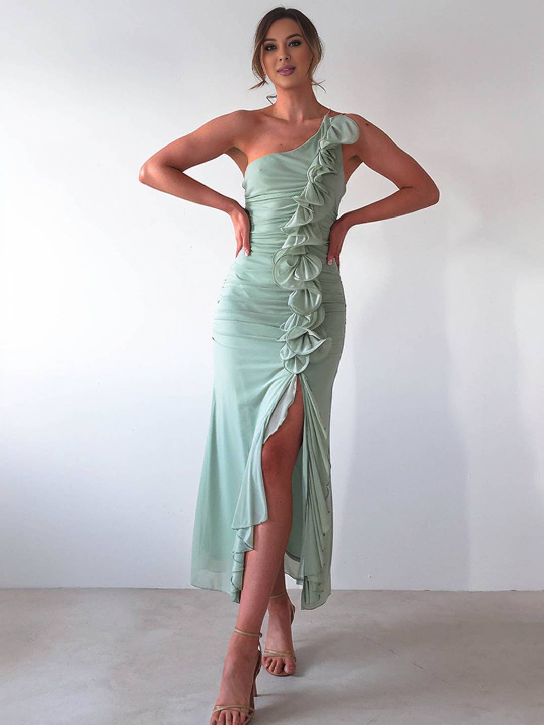 Cocolii robe longue mousseline moulante irrégulière tulle fendu fluide dos nu une épaule sans manches femme décontracté de plage