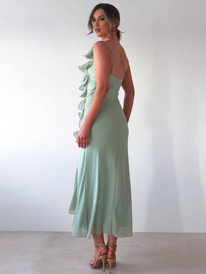 Cocolii robe longue mousseline moulante irrégulière tulle fendu fluide dos nu une épaule sans manches femme décontracté de plage