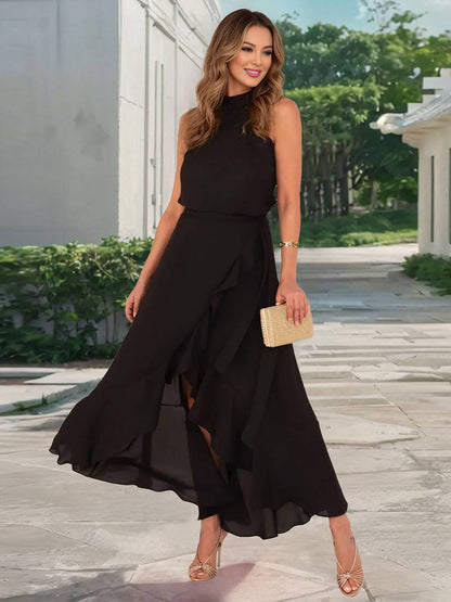 Cocolii longue robe trapèze licou fendu le côté irrégulière à volantée ceinture sans manches doux décontracté de cocktail