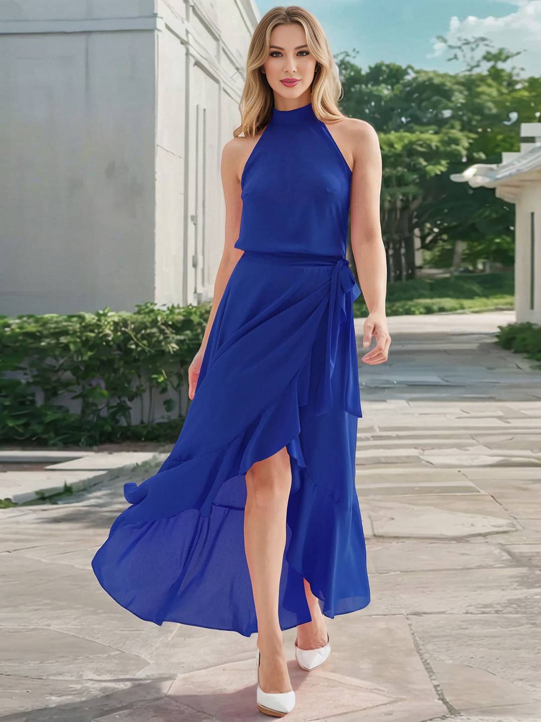 Cocolii longue robe trapèze licou fendu le côté irrégulière à volantée ceinture sans manches doux décontracté de cocktail