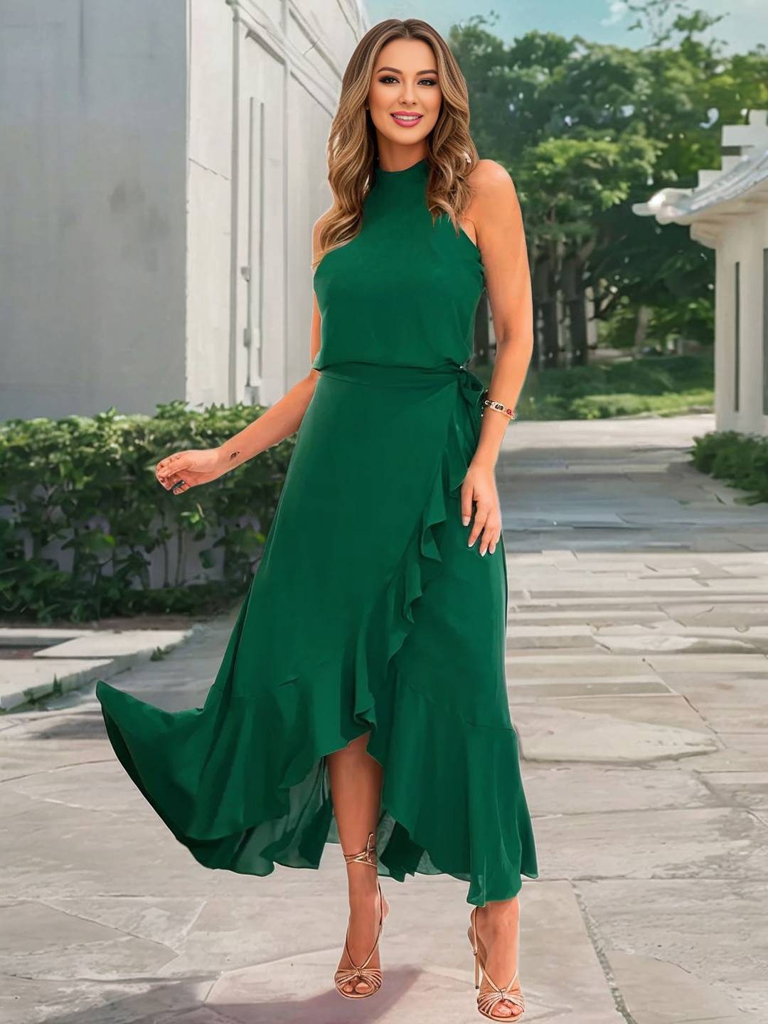 Cocolii longue robe trapèze licou fendu le côté irrégulière à volantée ceinture sans manches doux décontracté de cocktail