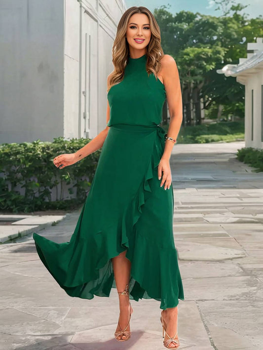 Cocolii longue robe trapèze licou fendu le côté irrégulière à volantée ceinture sans manches doux décontracté de cocktail