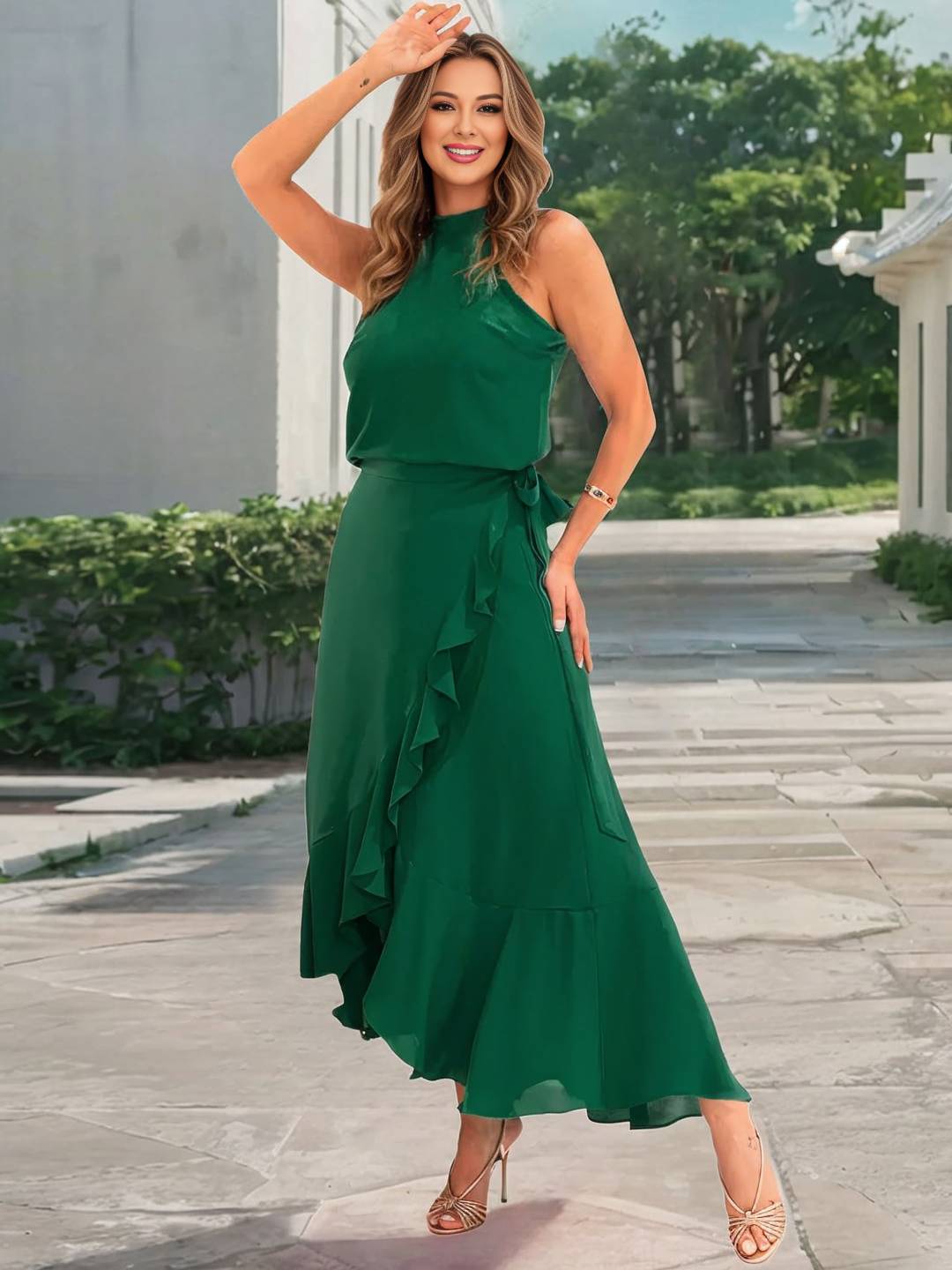 Cocolii longue robe trapèze licou fendu le côté irrégulière à volantée ceinture sans manches doux décontracté de cocktail