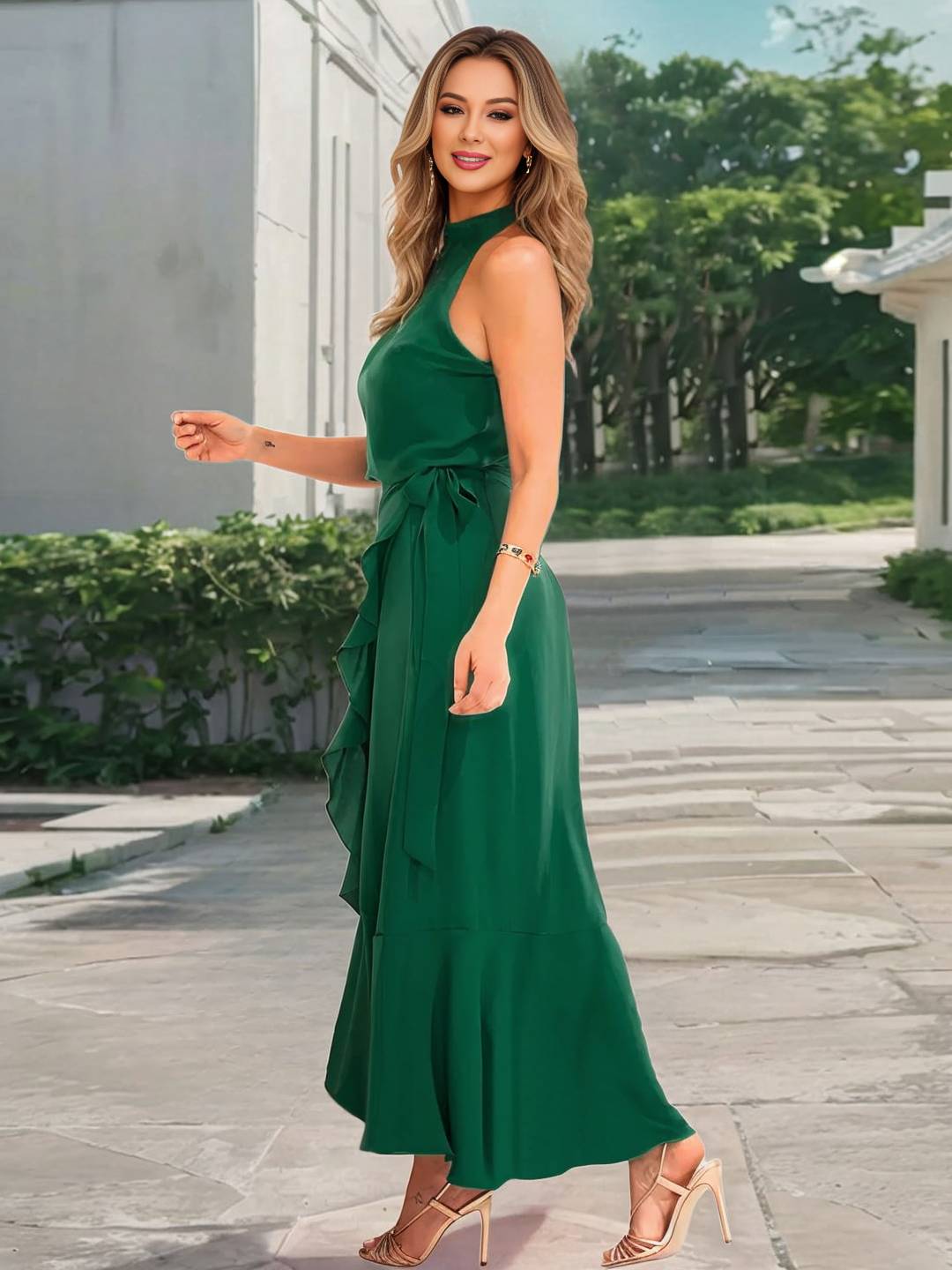 Cocolii longue robe trapèze licou fendu le côté irrégulière à volantée ceinture sans manches doux décontracté de cocktail