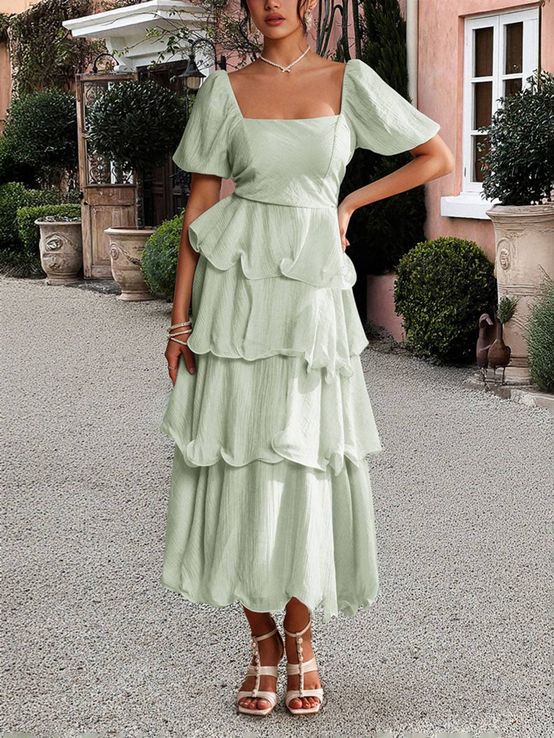 Cocolii robe longue col carré manches bouffantes à volantée manches courtes femme doux élégant bal de promo anniversaire