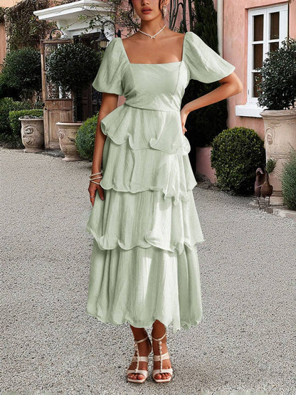 Cocolii robe longue col carré manches bouffantes à volantée manches courtes femme doux élégant bal de promo anniversaire