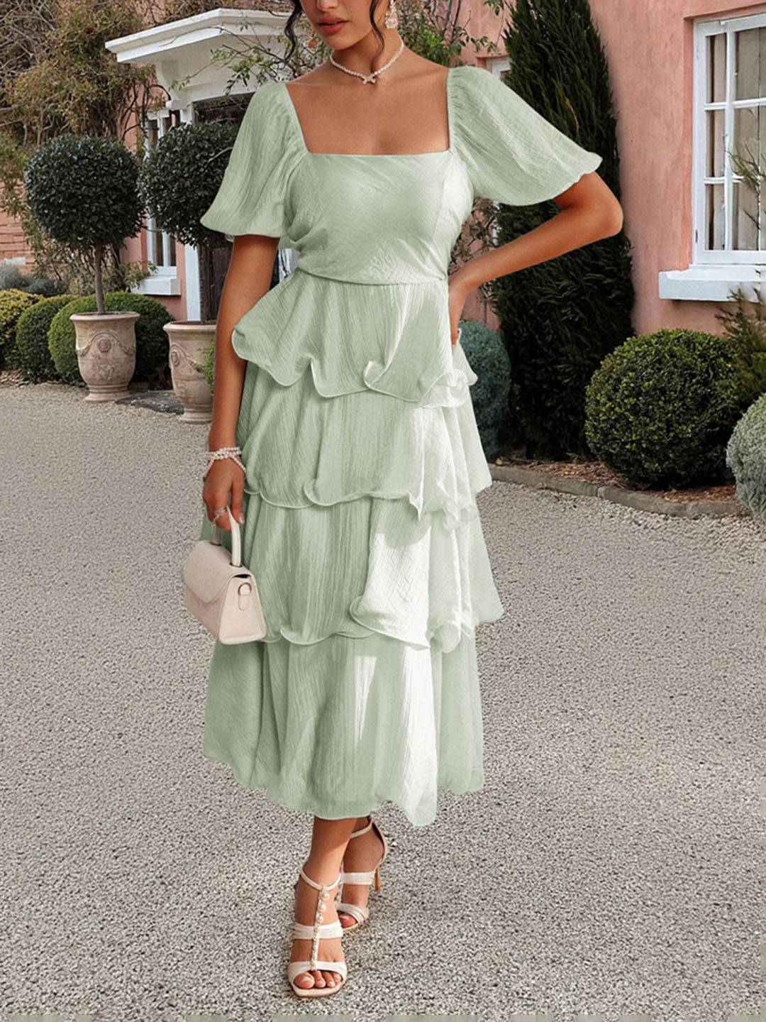 Cocolii robe longue col carré manches bouffantes à volantée manches courtes femme doux élégant bal de promo anniversaire