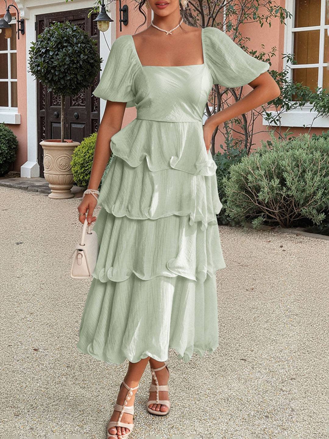 Cocolii robe longue col carré manches bouffantes à volantée manches courtes femme doux élégant bal de promo anniversaire