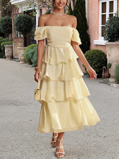 Cocolii robe longue col carré manches bouffantes à volantée manches courtes femme doux élégant bal de promo anniversaire