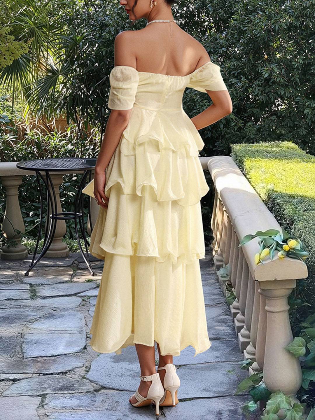 Cocolii robe longue col carré manches bouffantes à volantée manches courtes femme doux élégant bal de promo anniversaire