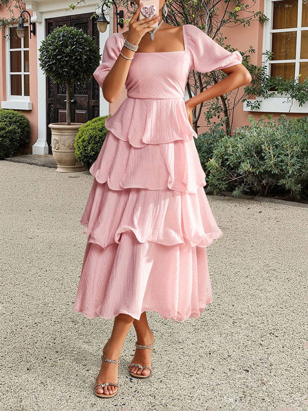 Cocolii robe longue col carré manches bouffantes à volantée manches courtes femme doux élégant bal de promo anniversaire