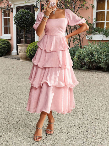 Cocolii robe longue col carré manches bouffantes à volantée manches courtes femme doux élégant bal de promo anniversaire