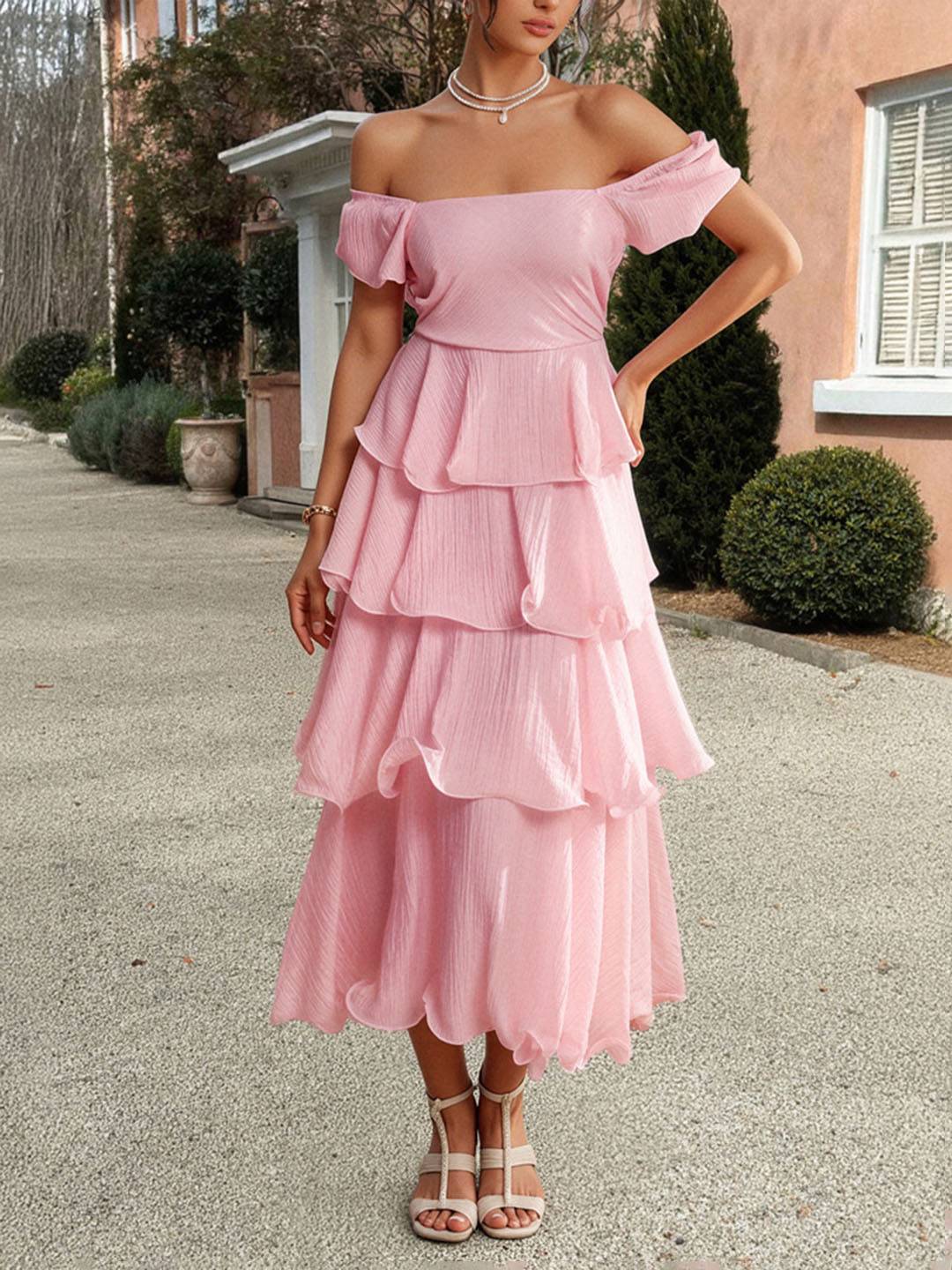 Cocolii robe longue col carré manches bouffantes à volantée manches courtes femme doux élégant bal de promo anniversaire