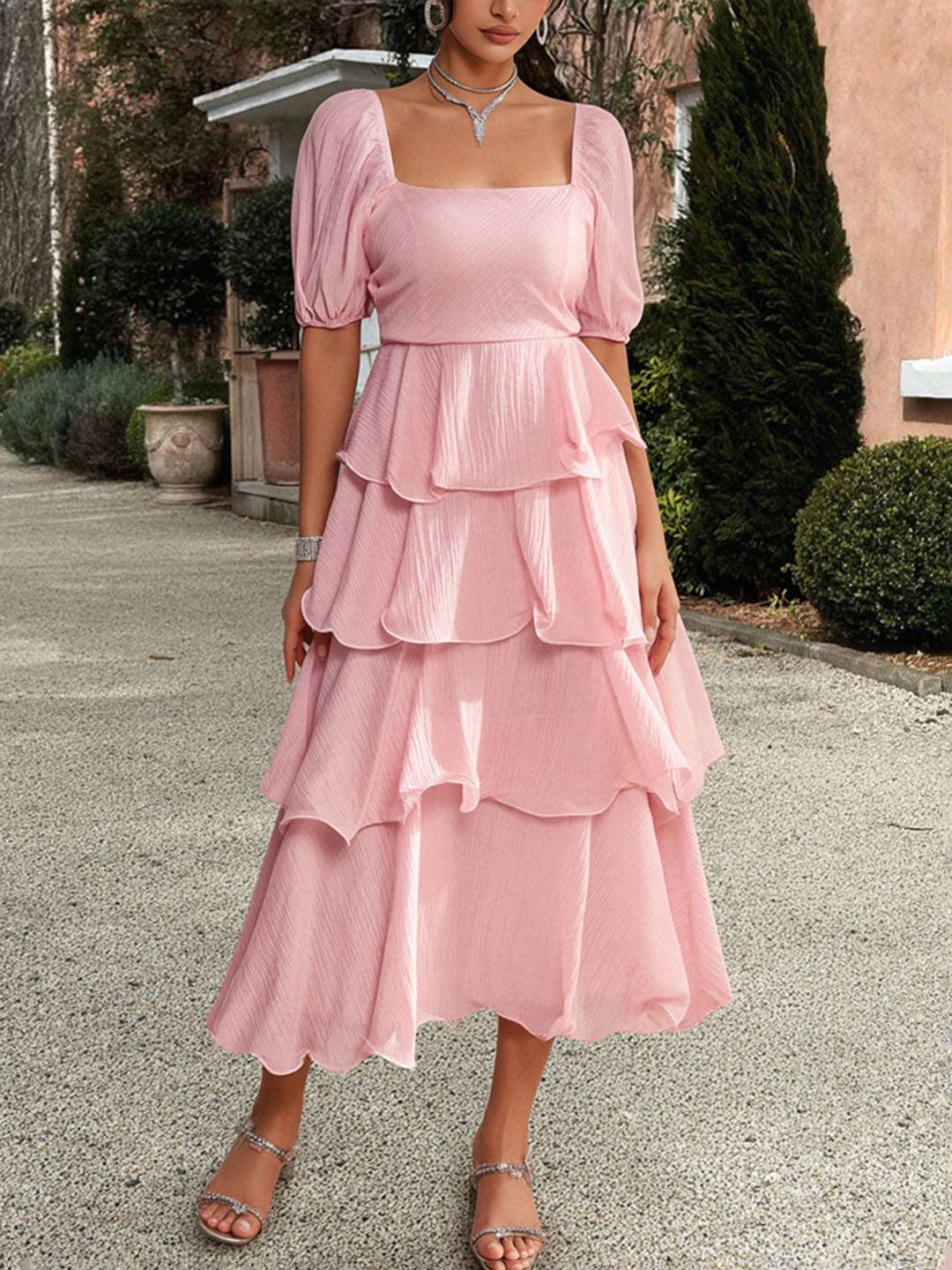 Cocolii robe longue col carré manches bouffantes à volantée manches courtes femme doux élégant bal de promo anniversaire