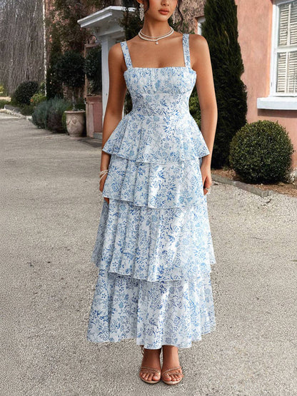 Cocolii robe longue imprimé à fleurie mousseline à volantée à fines brides femme élégant décontracté bal de promo plage