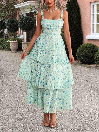 Cocolii robe longue imprimé à fleurie mousseline à volantée à fines brides femme élégant décontracté bal de promo plage