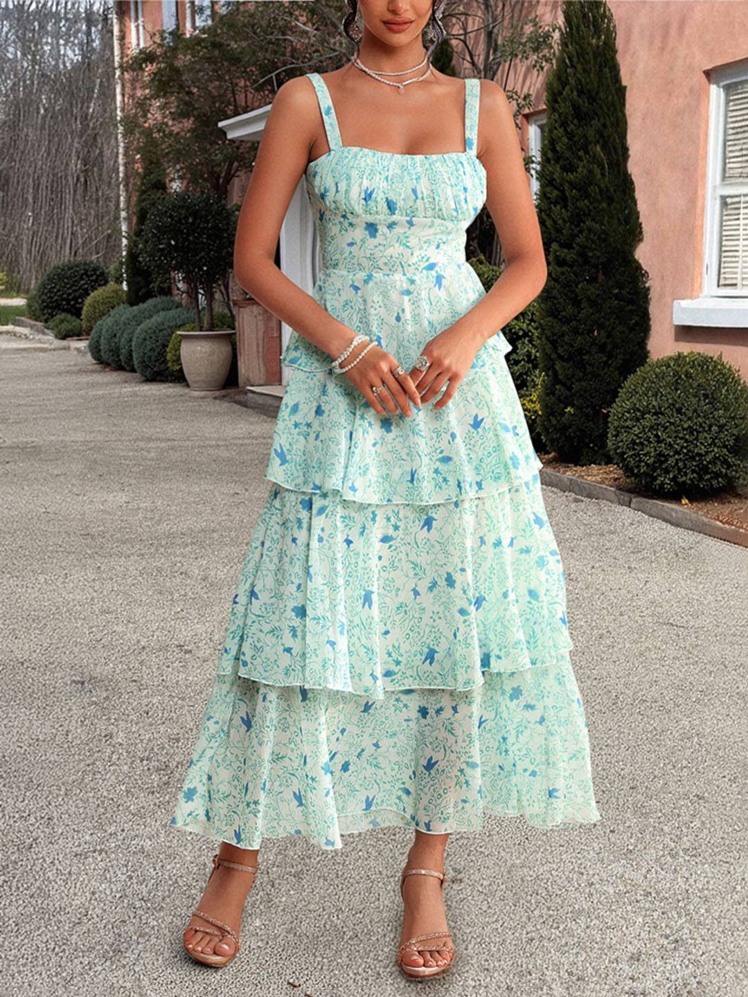 Cocolii robe longue imprimé à fleurie mousseline à volantée à fines brides femme élégant décontracté bal de promo plage