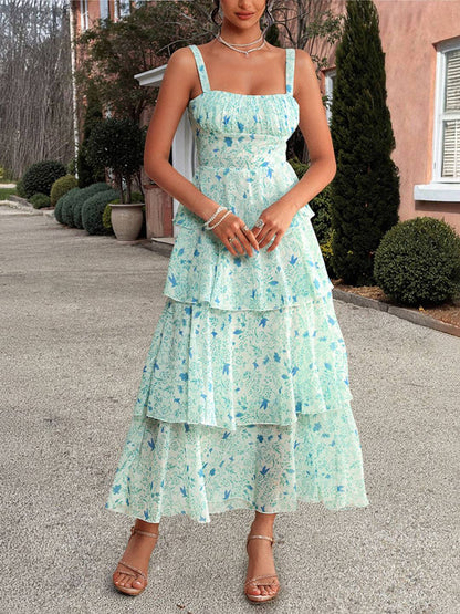 Cocolii robe longue imprimé à fleurie mousseline à volantée à fines brides femme élégant décontracté bal de promo plage